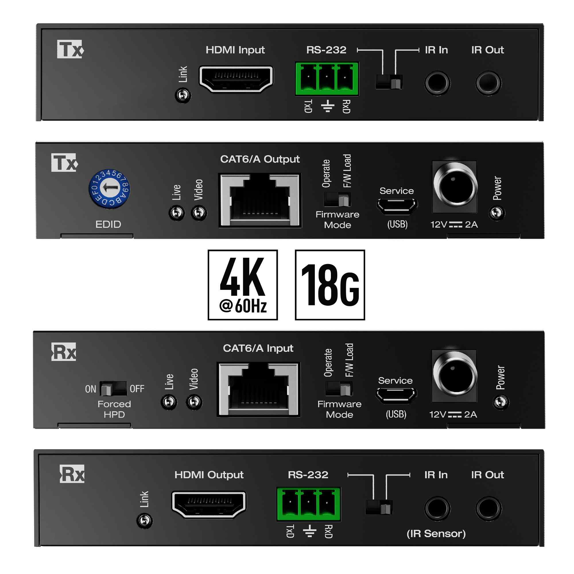 Thumbnail of KD hdmi extender 4k Tx and Rx front and rear