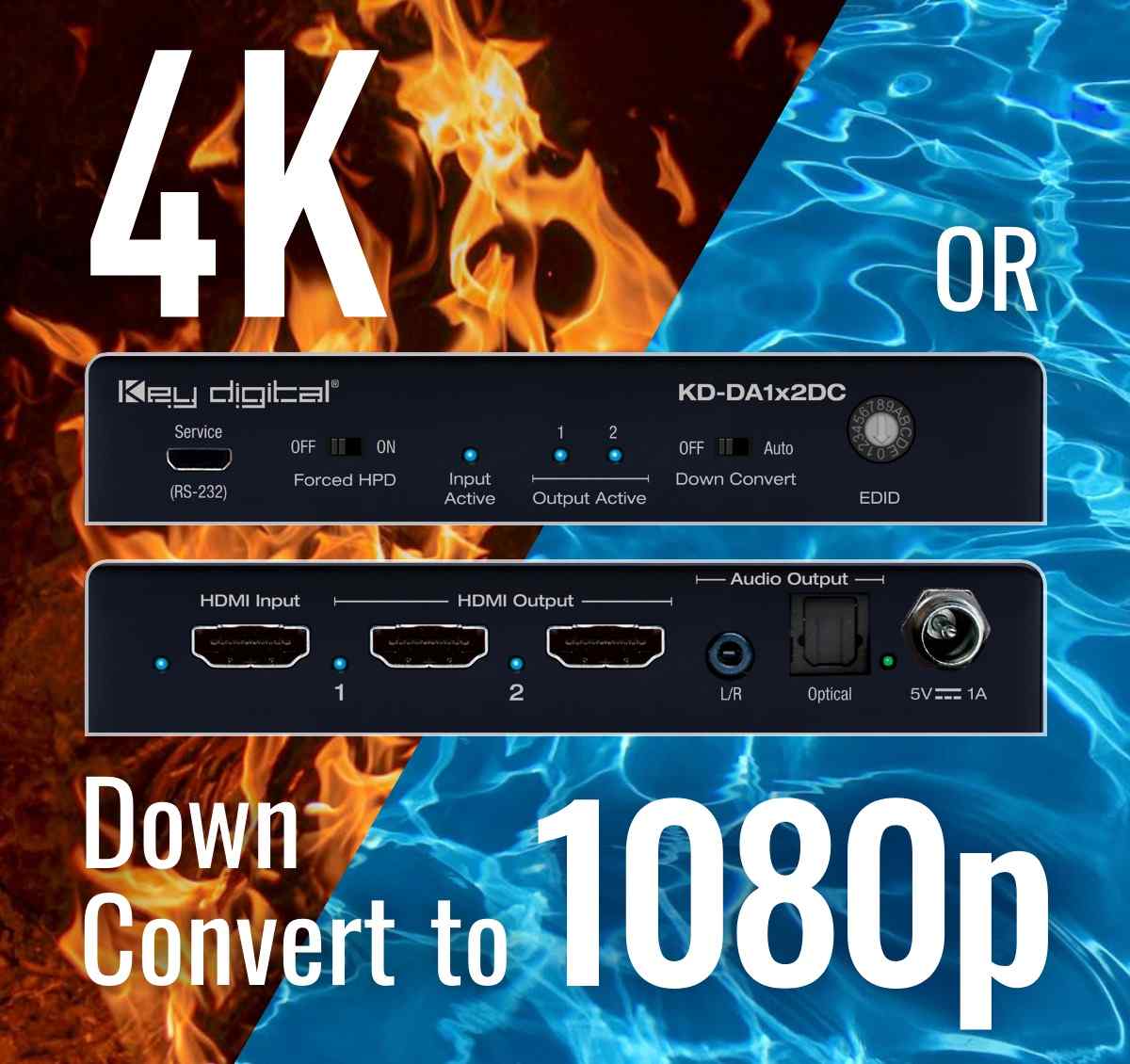 Thumbnail of Example Diagram showing hdmi out splitter 4K down convert  to 1080p