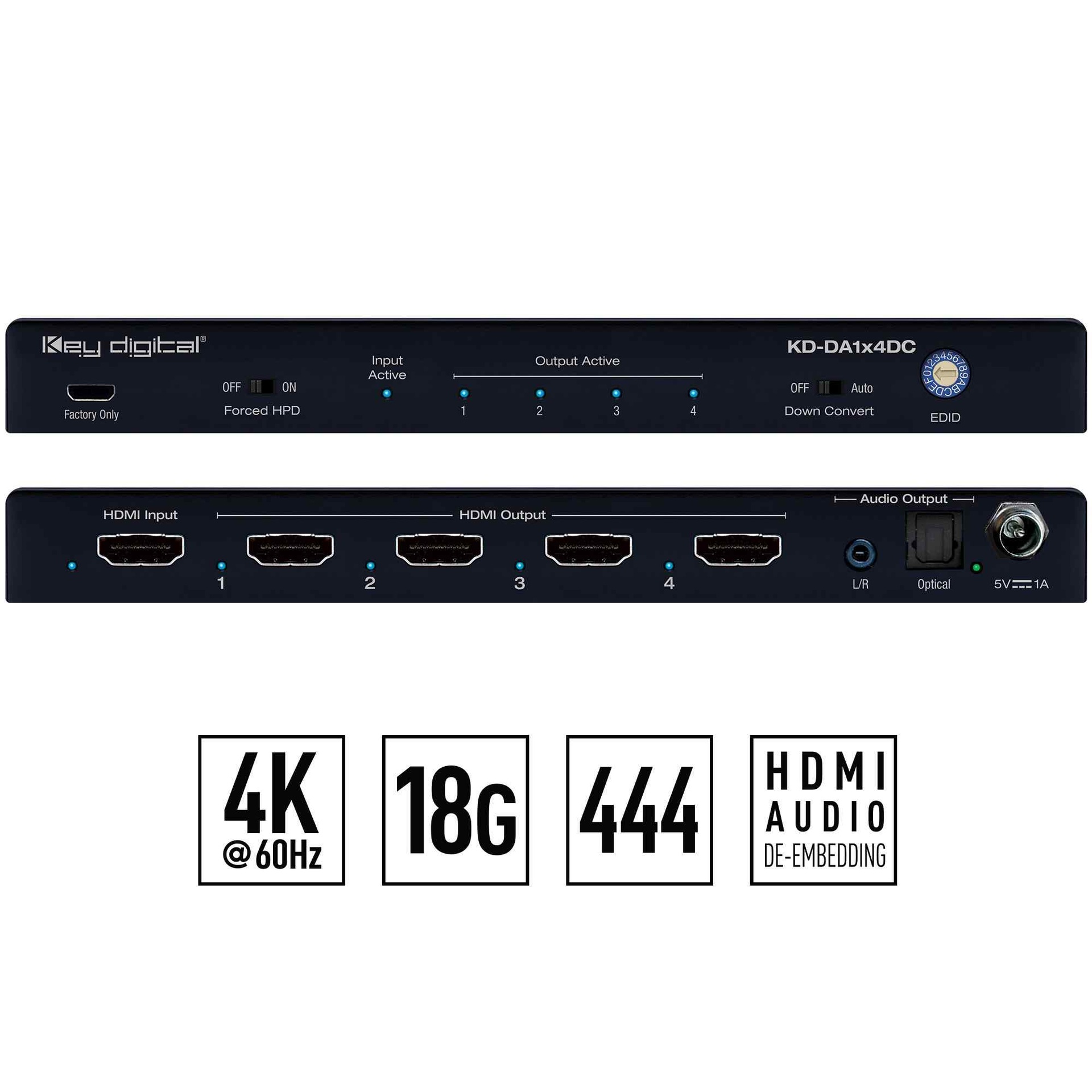 Key Digital hdmi 4k splitter front and rear view