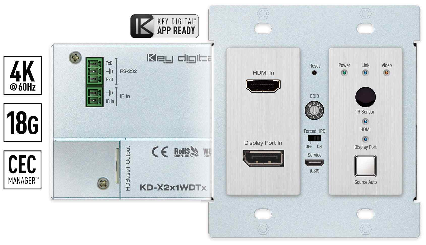 A high-quality wall plate transmitter for HDMI and Display Port signals over long distances using CAT6, with HDBaseT technology.