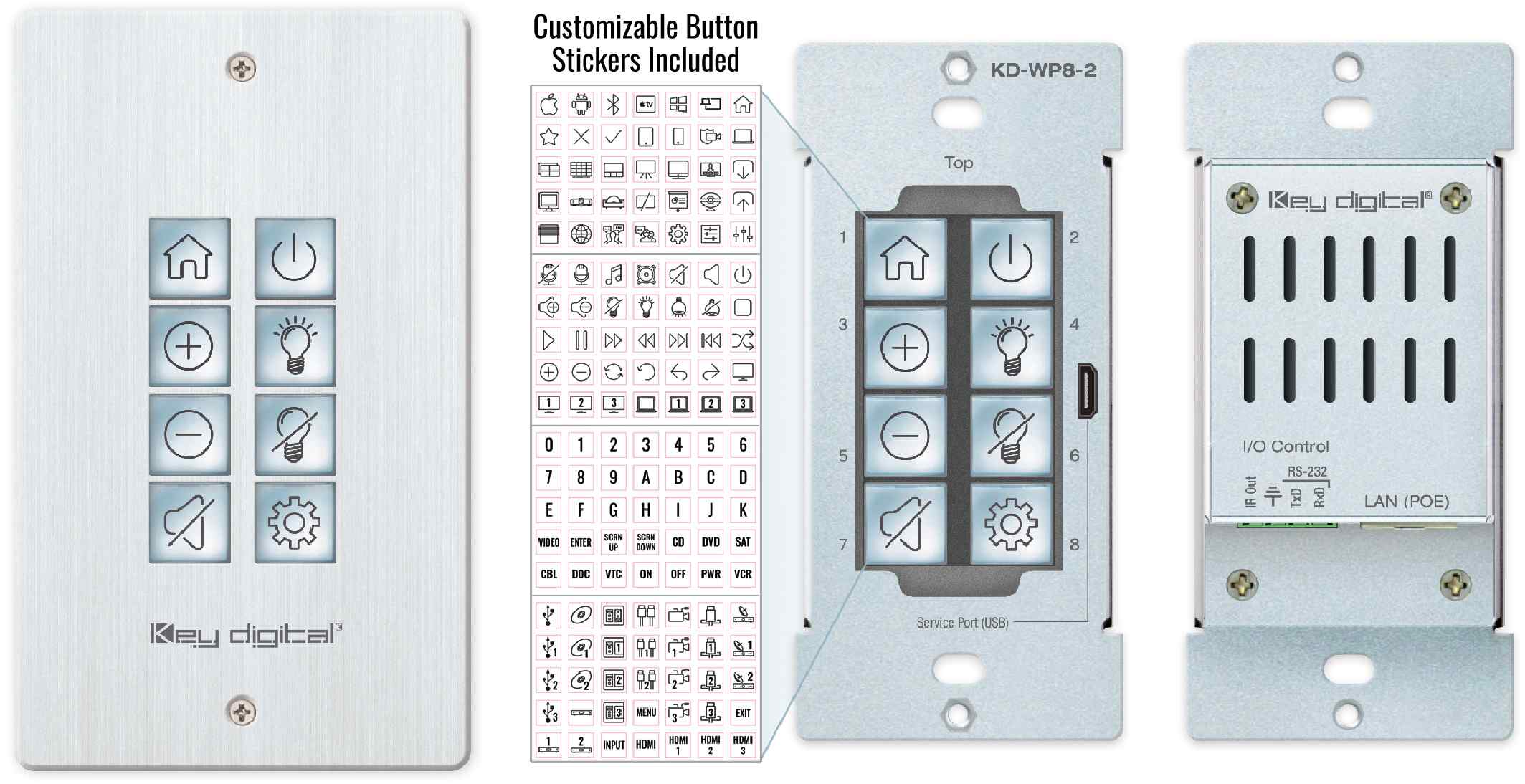 A versatile control keypad with programmable buttons for IP, RS-232, and IR device control